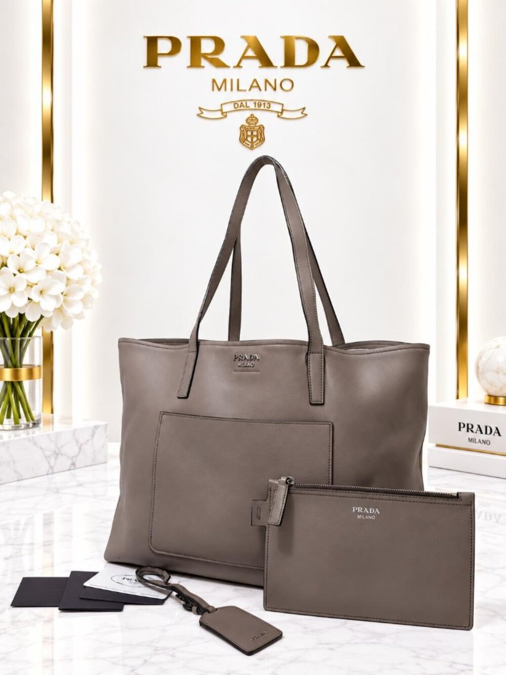 Authentic Prada Vitello Leather Tote Bag Taupe Gray Large Shopper Pouch Luxury
